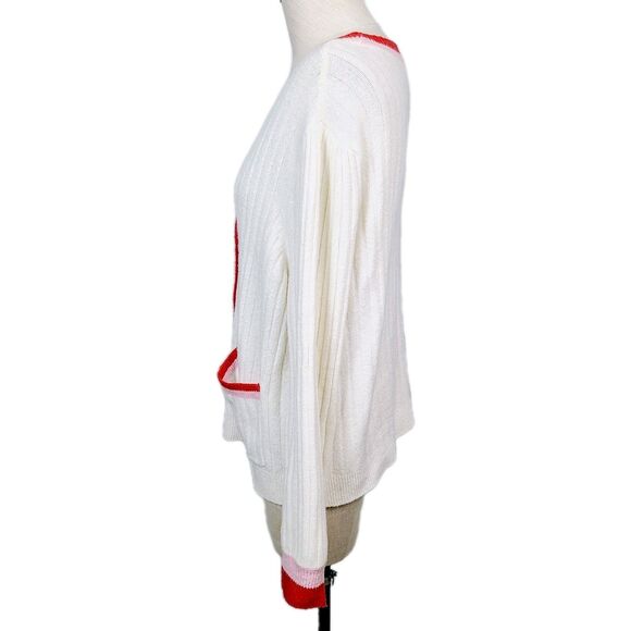 Loft Cardigan Sweater XL Cream Red Pink Soft Knit V-Neck Button-Front - Picture 2 of 9